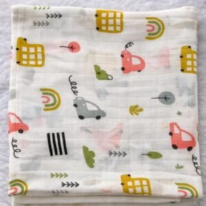 Tiny Town Adventure:-  Organic Muslin Swaddle Wrap (100×100 cm)
