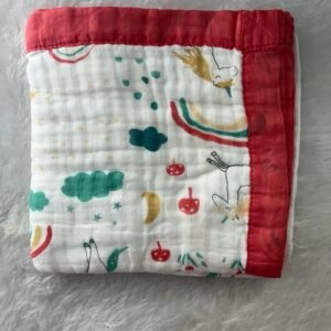 6-Layer Muslin Cotton Blanket Colour (110* 110cm) – Ivory & Coral Rainbow Print