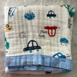 6-Layer Muslin Cotton Blanket Colour (110* 110cm) – Sky Blue & Car Print