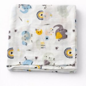 Whimsical Forest Friends Print:- Organic Muslin Swaddle Wrap (100×100 cm)