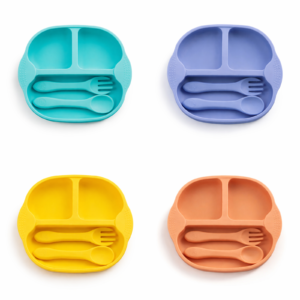 BPA-Free Silicone Baby Suction Plate with Spoon & Fork – 3 Section Toddler Feeding Set
