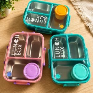 3 Grid Stainless Steel Lunch Box with Bowl & Cutlery (750ML + 80ML Bowl)