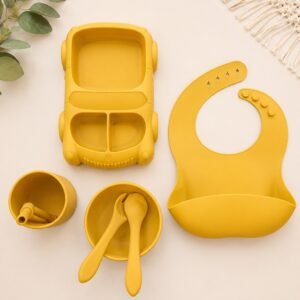 🚗 BPA-Free Silicone Baby 6pc Feeding Set – Little Car Mealtime Kit (Mustard Yellow)