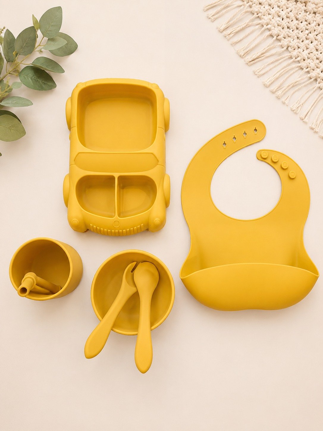 🚗 BPA-Free Silicone Baby 6pc Feeding Set – Little Car Mealtime Kit (Mustard Yellow)
