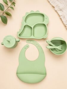 🦖 BPA-Free Silicone Baby 6pc Feeding Set – Little Dino Mealtime Kit (Sage Green)