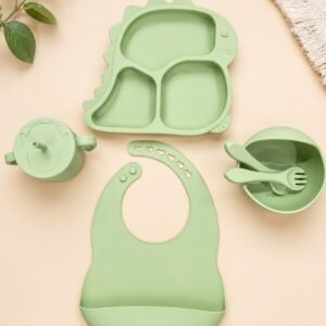 🦖 BPA-Free Silicone Baby 6pc Feeding Set – Little Dino Mealtime Kit (Sage Green)