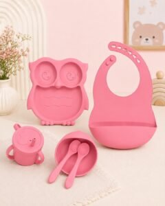 🦉 BPA-Free Silicone Baby 6pc Feeding Set – Little Owl Mealtime Kit (Pink)