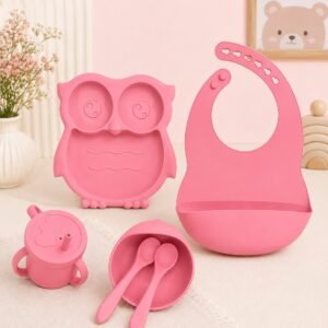 🦉 BPA-Free Silicone Baby 6pc Feeding Set – Little Owl Mealtime Kit (Pink)