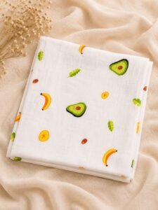 Happy Fruits Print :- Organic Muslin Swaddle Wrap (110×110 cm)