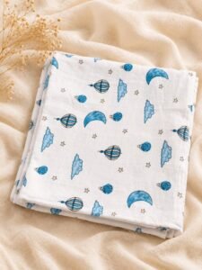 Moonlit Balloon Dreams Print :- Organic Muslin Swaddle Wrap (110×110 cm)