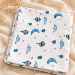 Moonlit Balloon Dreams Print :- Organic Muslin Swaddle Wrap (110×110 cm)