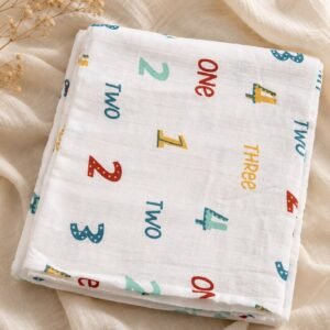 Number Tales Print:- Organic Muslin Swaddle Wrap (110×110 cm)