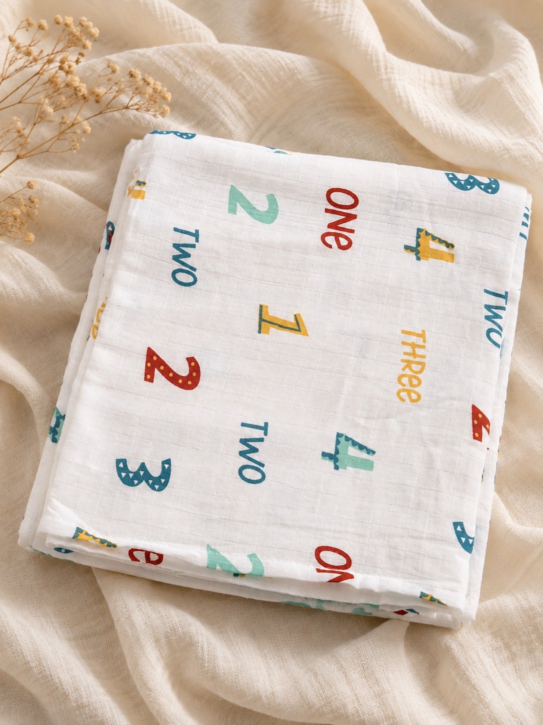 Number Tales Print:- Organic Muslin Swaddle Wrap (110×110 cm)