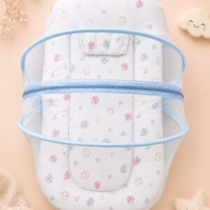 Premium Muslin Baby Sleeping Nest with Breathable Mesh & Cushioned Mattress | Soft, Foldable & Travel-Friendly Newborn Lounger | Blue Teddy Print