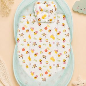 Premium Muslin Baby Sleeping Nest with Breathable Mesh & Cushioned Mattress | Soft, Foldable & Travel-Friendly Newborn Lounger | Summer Fun Print