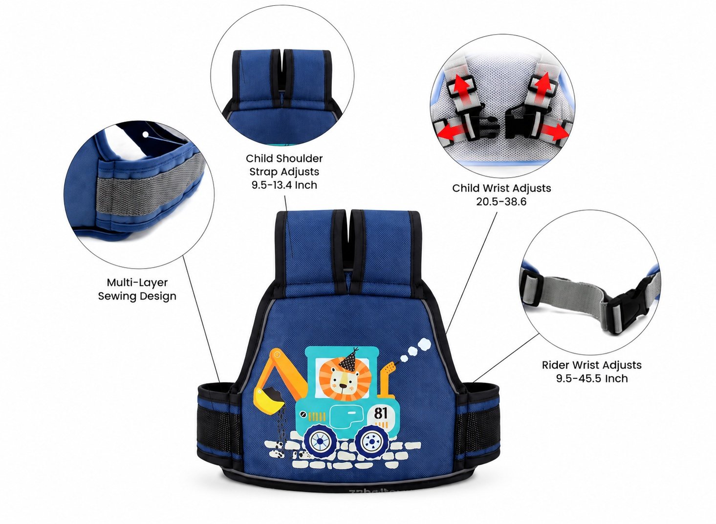 Premium Kids Motorcycle Safety Belt | Adjustable Child Bike Safety Harness | Soft Padded Riding Support | Construction Lion Print | Fits Most Motorcycles & Scooters - Image 3
