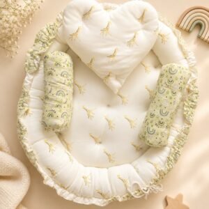 Premium Adjustable Muslin Round Baby Lounger Nest with Heart Pillow & Side Support Cushions | Grows with Your Baby | Giraffe Safari Print