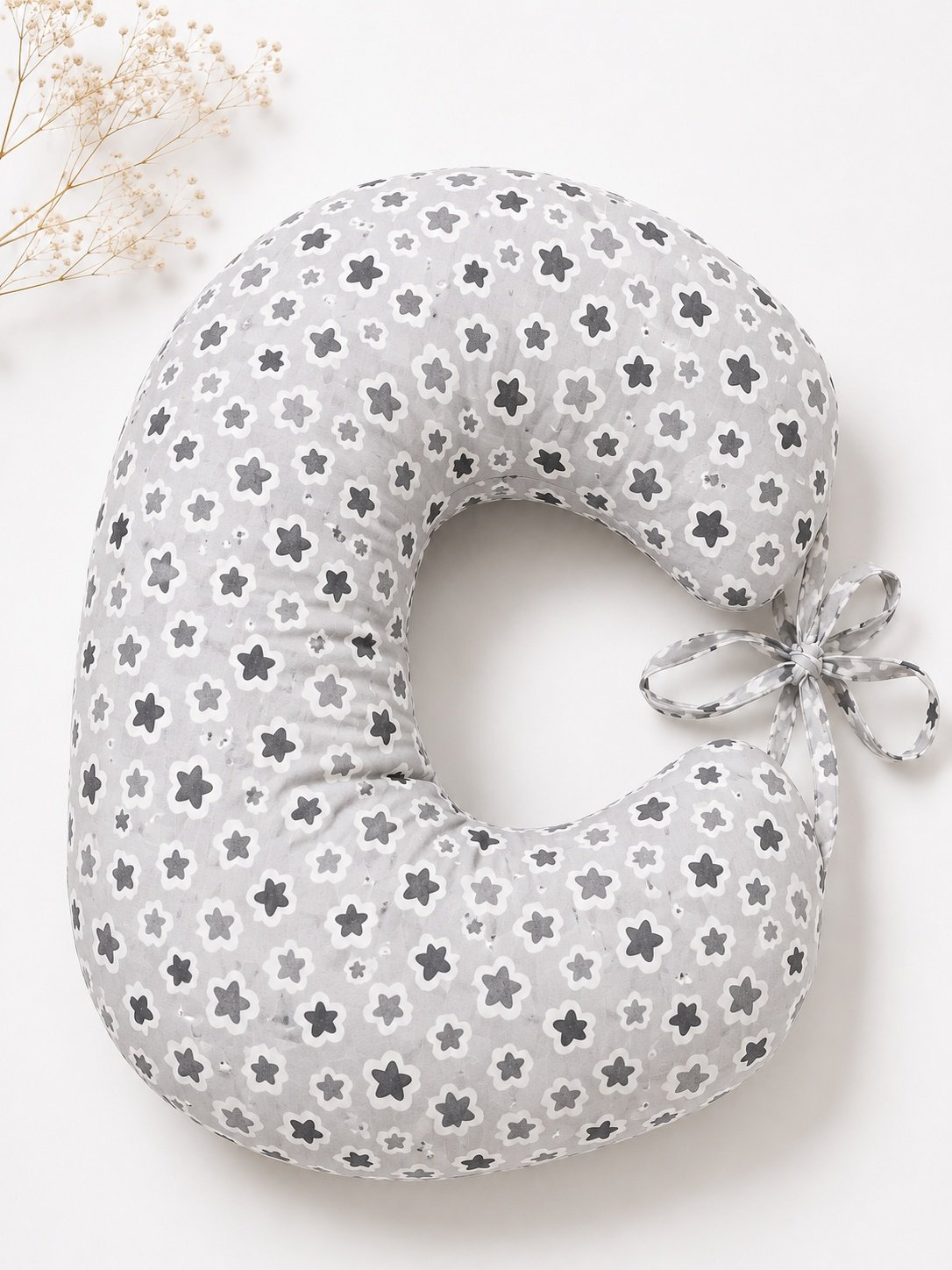 Premium Muslin Nursing Pillow – Ergonomic Breastfeeding & Baby Support Cushion | Soft Cotton Muslin | Grey Blossom Print