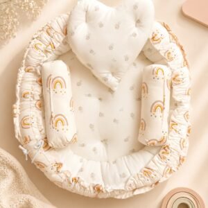 Premium Adjustable Muslin Round Baby Lounger Nest with Heart Pillow & Side Support Cushions | Grows with Your Baby | Rainbow Print